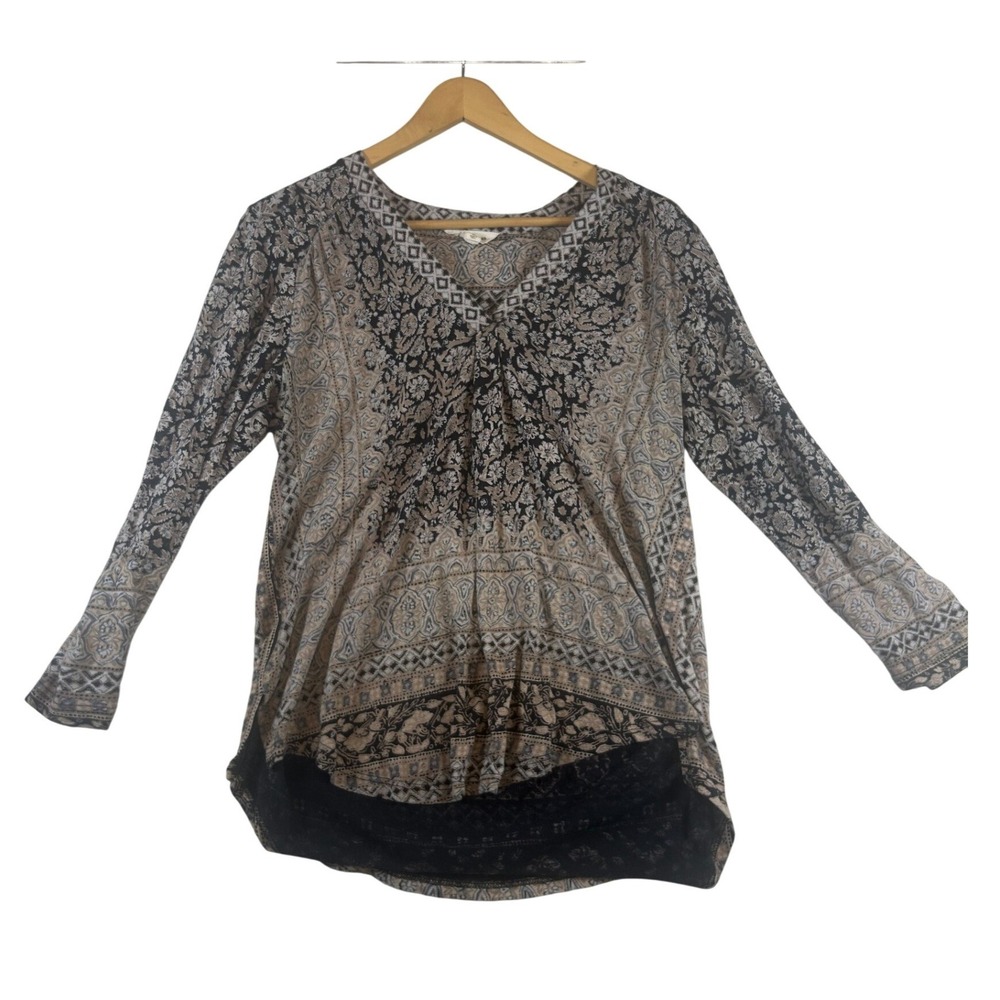 Lucky Brand Womens Paisley Floral V-Neck Peasant Top Brown Tan Long Sleeve M